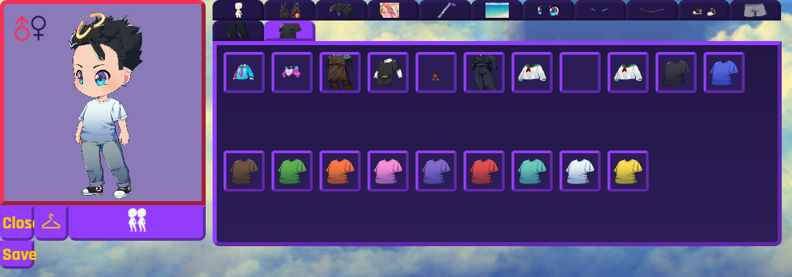 Zenkai Online avatar closet with layered clothing items