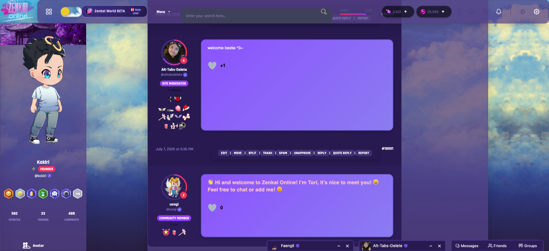 Zenkai Online profile and community discussion interface