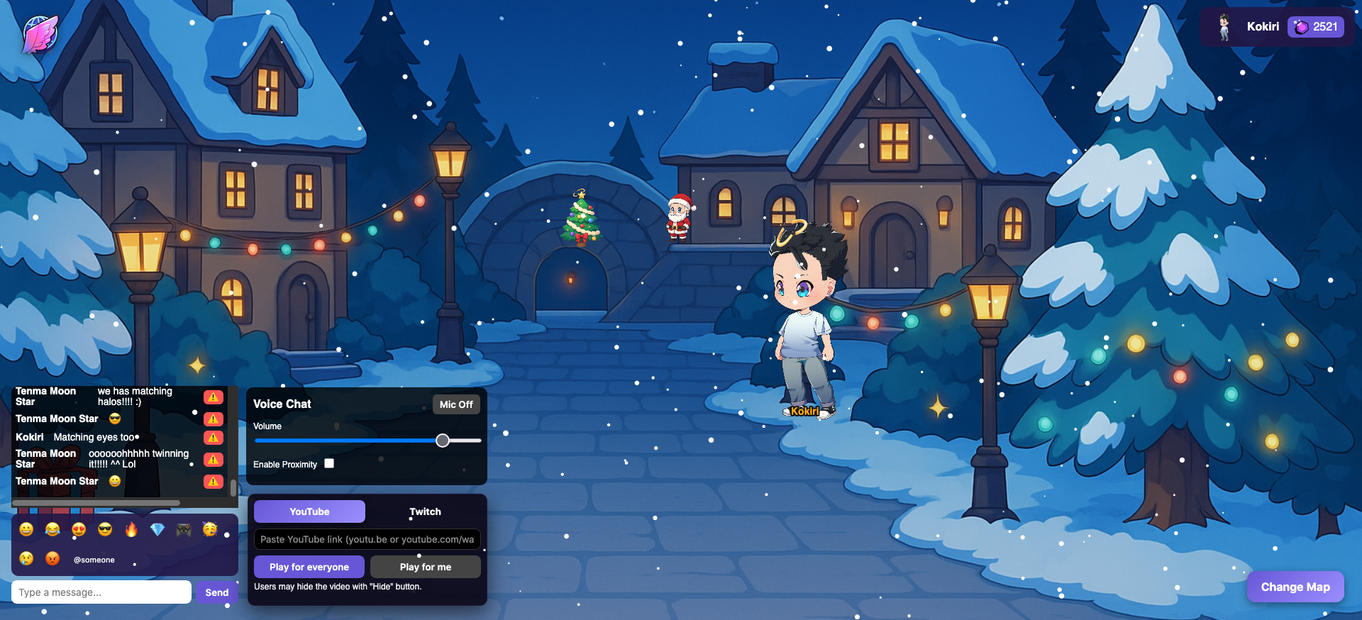 Zenkai World winter map with avatar and chat interface